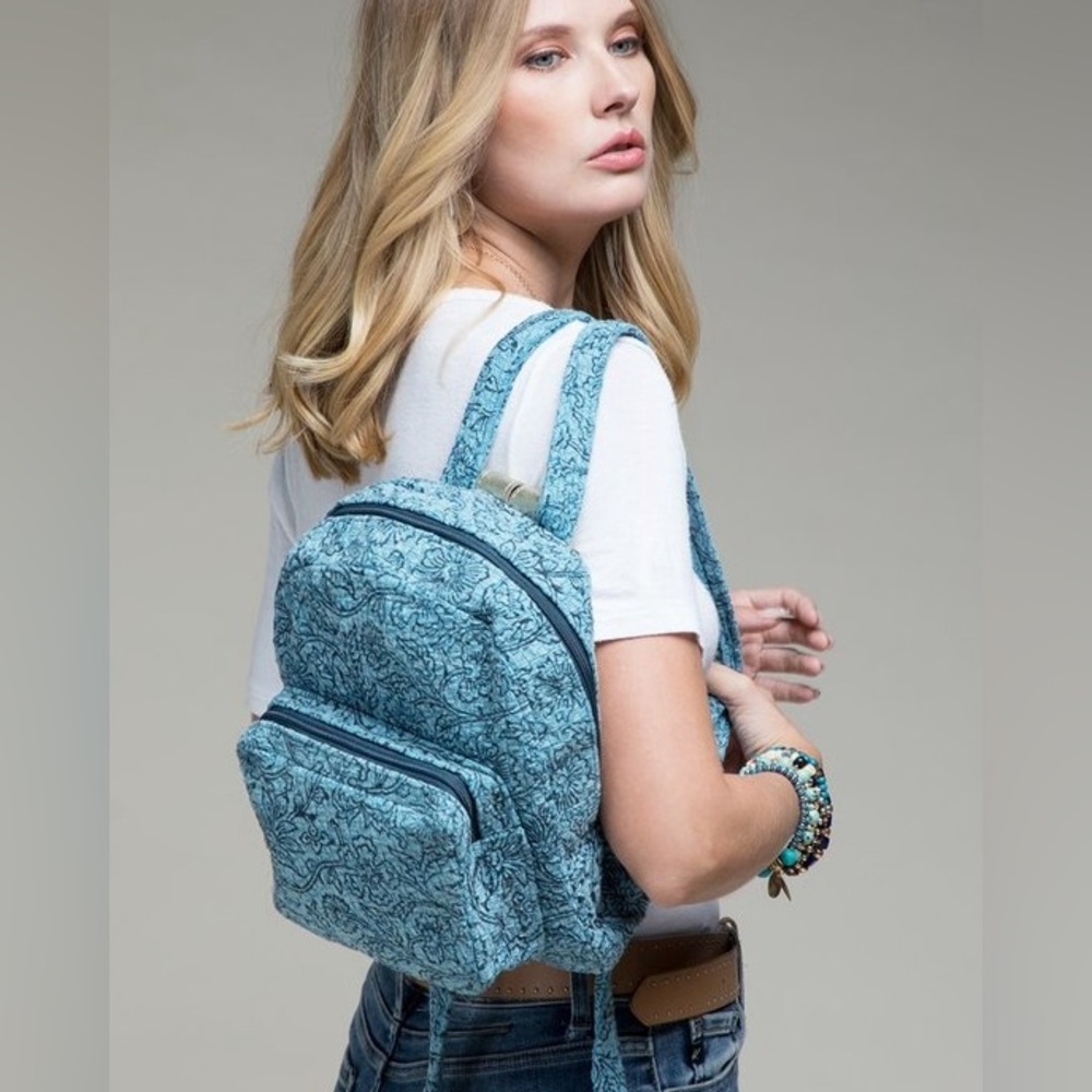 Backpack Western Blue Denim Floral Vine Print NWT